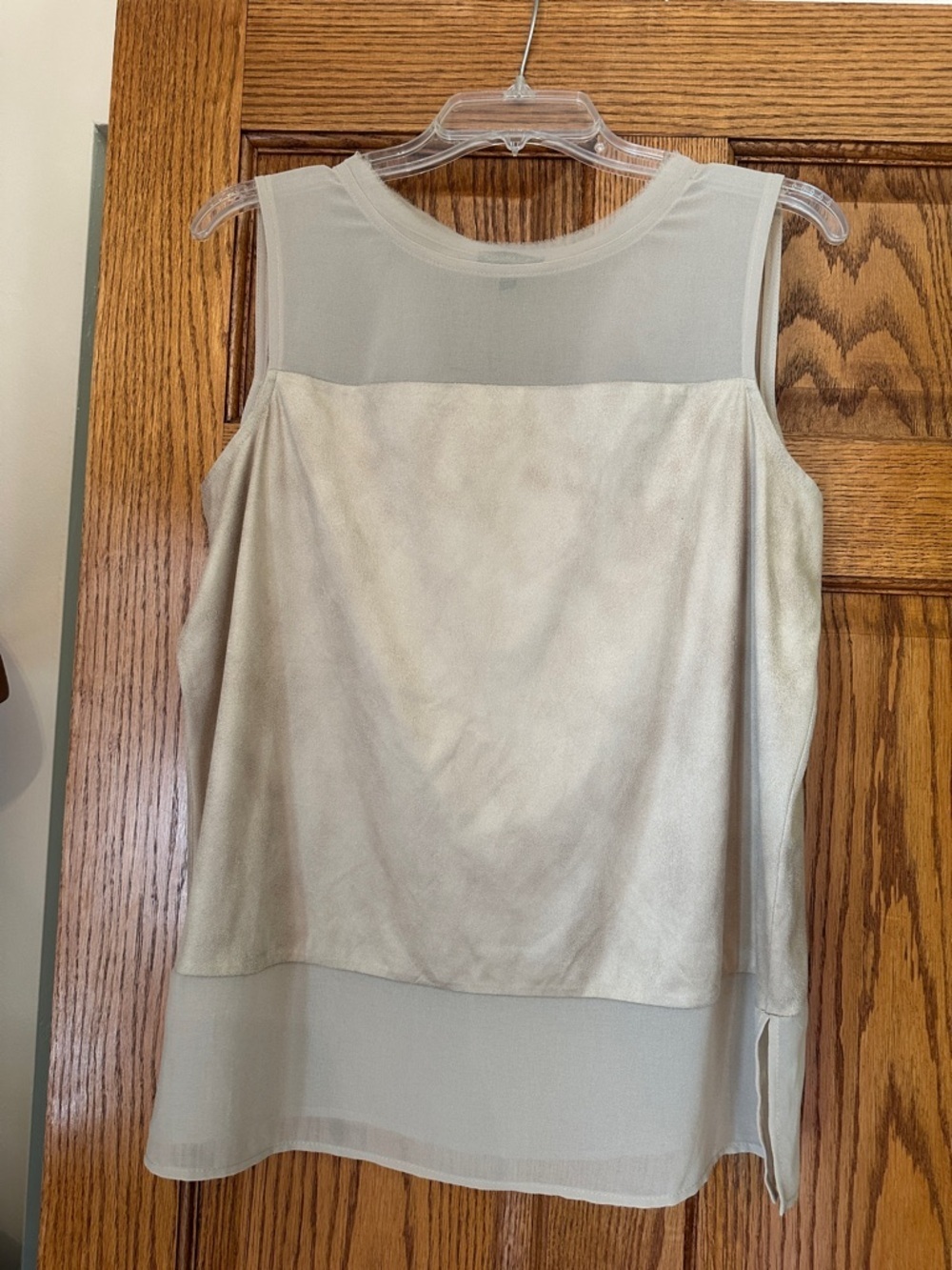 Sleeveless Layered Chiffon & Suede-Effect Tank Top - Tan